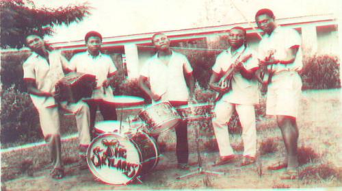 The Skylarks Egbado College Band members 1968-1969 on stage at the school dining hall